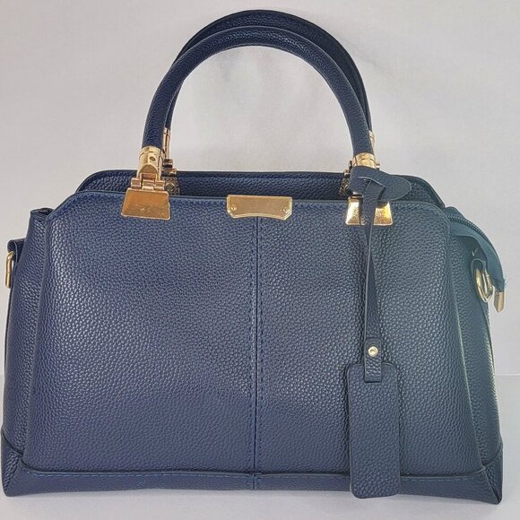 Handbags - Ladies Pu Leather Top Handle Satchel Handbags Elegant Tote Bag Navy Blue